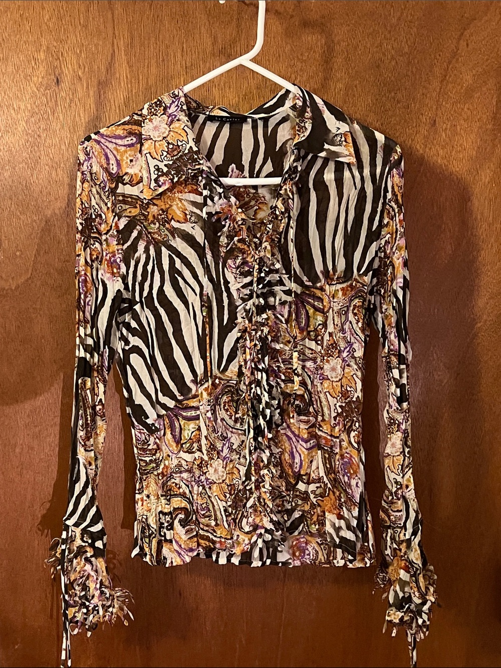 Le Caviar sheer Ruffle Front Long-Sleeve Top -Mixed Animal & Paisley Print Sz S